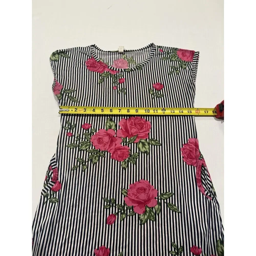 Women’s Floral Stripe Tunic Top Pink Rose Navy White Sleeveless Size M - Picture 3 of 4